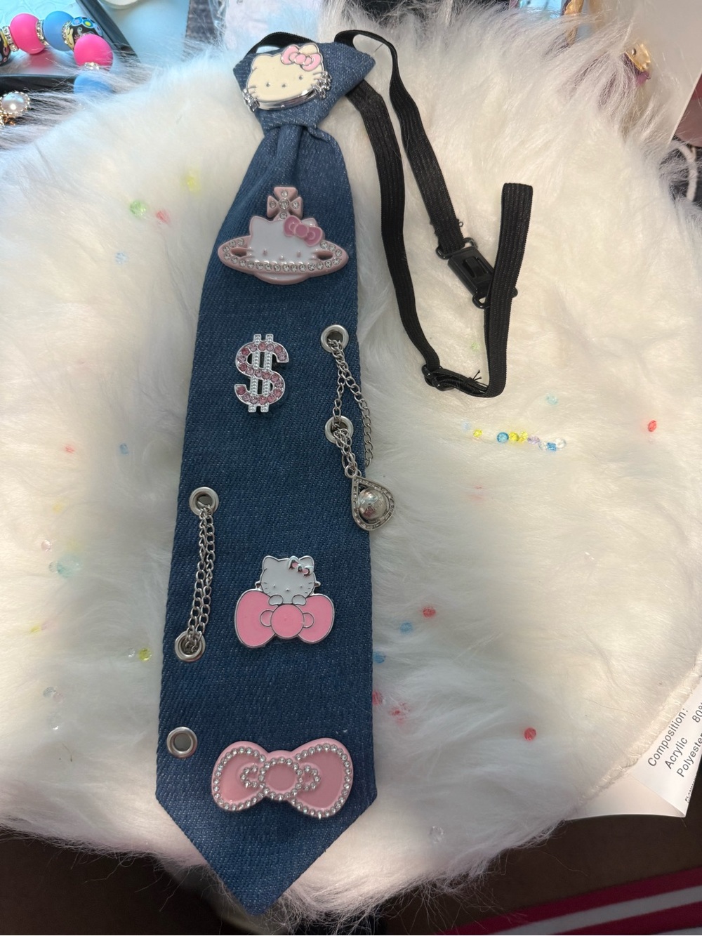 Hello Kitty Denim Clip-On Tie with Pink Charms and Silver Accents